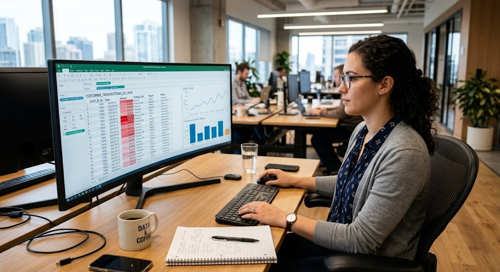 Data analyst examining customer transaction records to identify patterns through data mining.