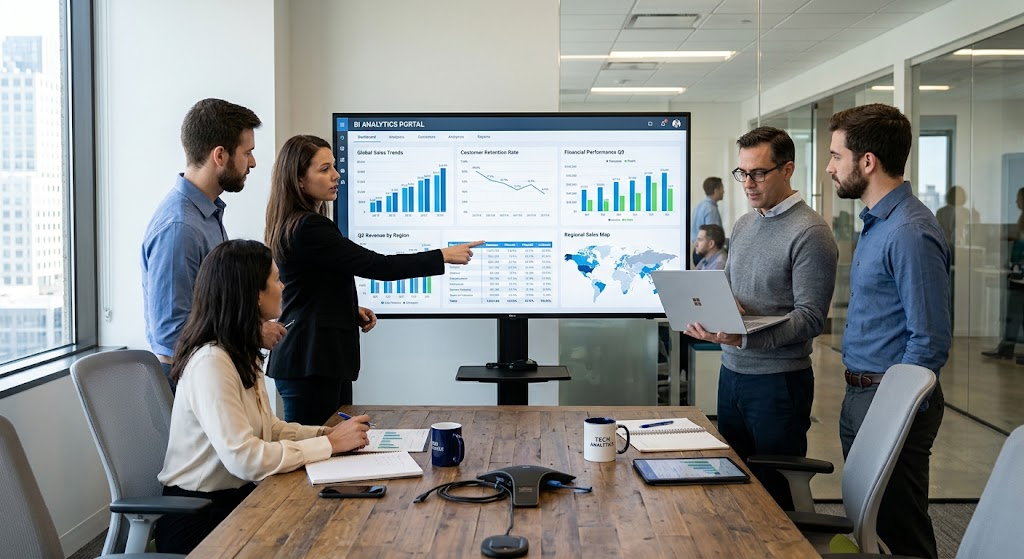 Best Data Mining Tools and Software for Beginners and Professionals 5 Business analysts reviewing enterprise data mining dashboards and business performance reports