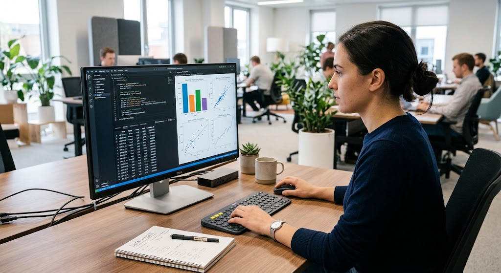 Best Data Mining Tools and Software for Beginners and Professionals 2 Data analyst using Python libraries to analyze datasets and visualize data mining results
