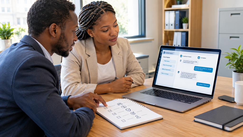 AI Chatbots vs. Traditional Chatbots: Key Differences Explained 3 Business professionals evaluating chatbot options, customer service needs, and human oversight.