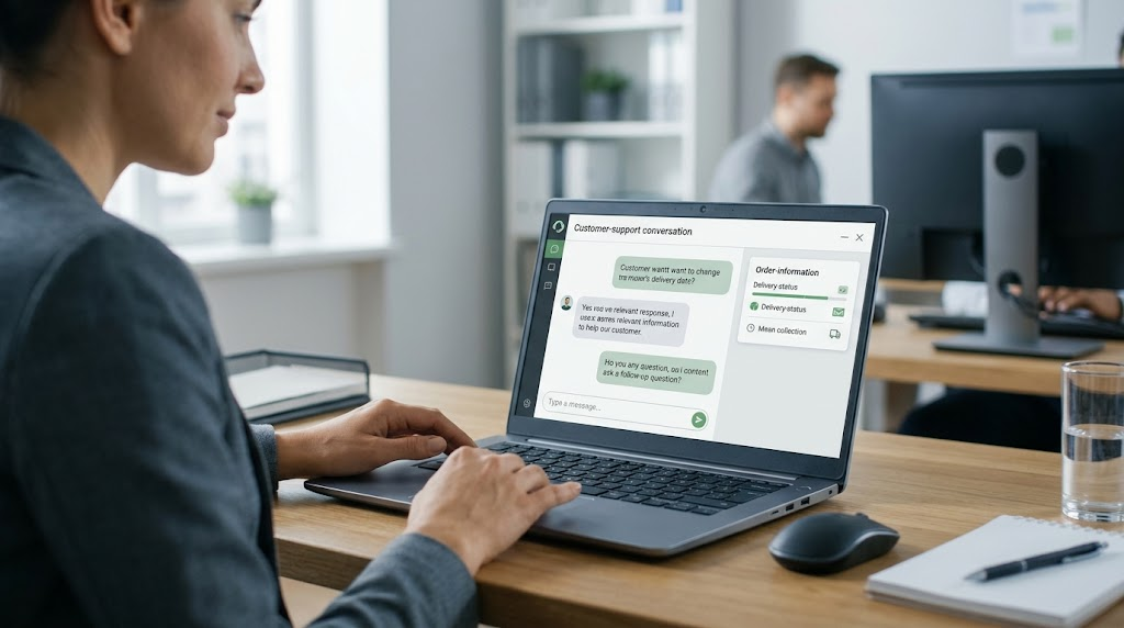 AI Chatbots vs. Traditional Chatbots: Key Differences Explained 2 Customer service specialist reviewing an AI chatbot conversation about changing a delivery date.