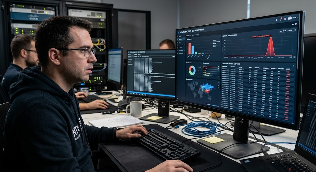 Data Mining in Cybersecurity: Detecting Fraud, Threats, and Suspicious Activities 3 Network traffic analysis dashboard highlighting unusual activity for cybersecurity threat detection.