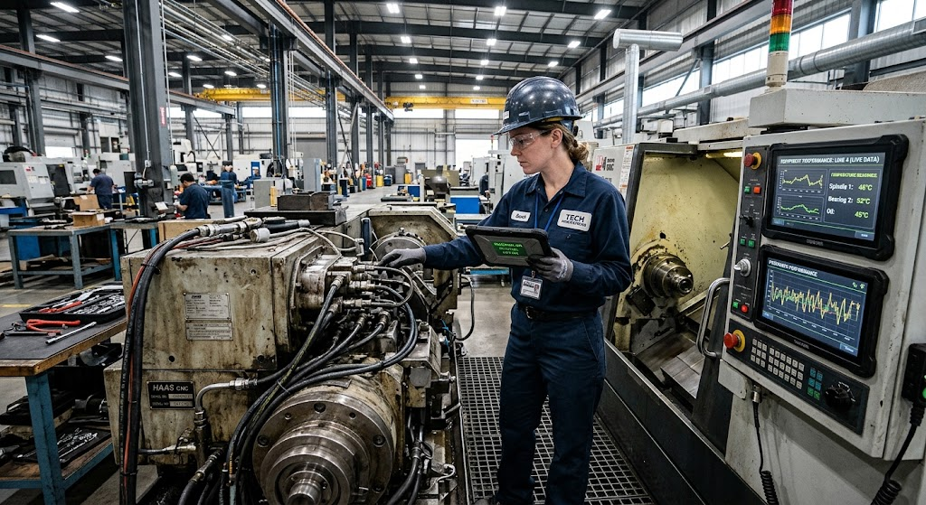 Big Data Mining: Techniques, Challenges, and Real-World Applications 4 Factory technician monitoring industrial sensor data for predictive maintenance and equipment performance.