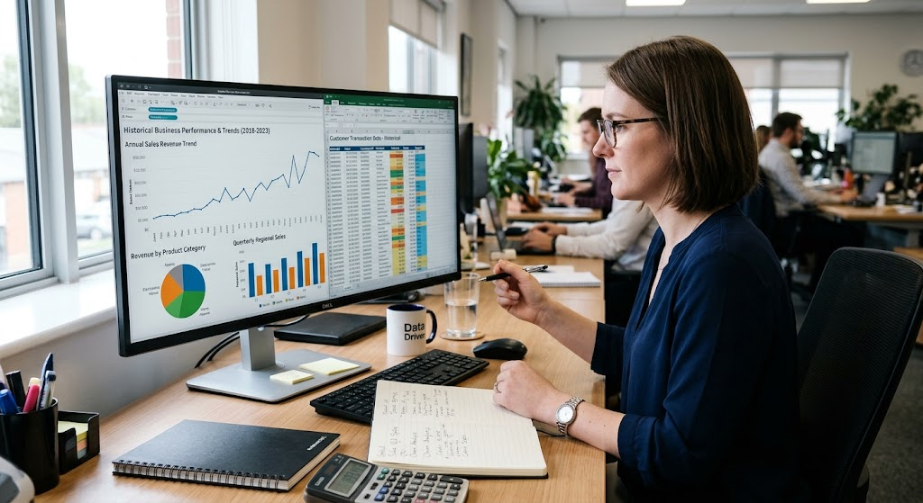 Predictive Analytics and Data Mining: How Organizations Forecast Trends and Make Better Decisions 2 Data analyst examining historical data patterns and trends for predictive modelling