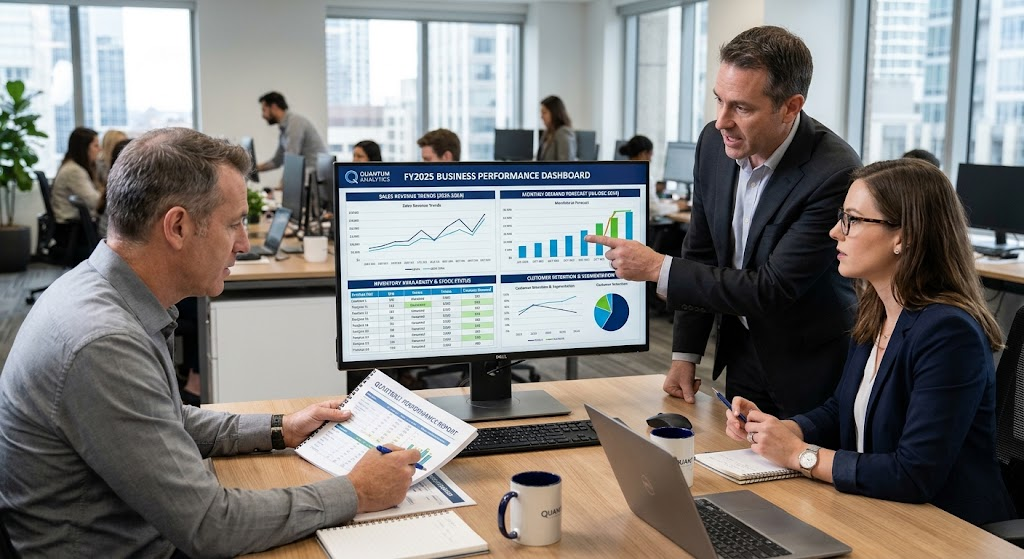 Predictive Analytics and Data Mining: How Organizations Forecast Trends and Make Better Decisions 3 Business team reviewing sales forecasts, customer trends, and inventory data for decision-making