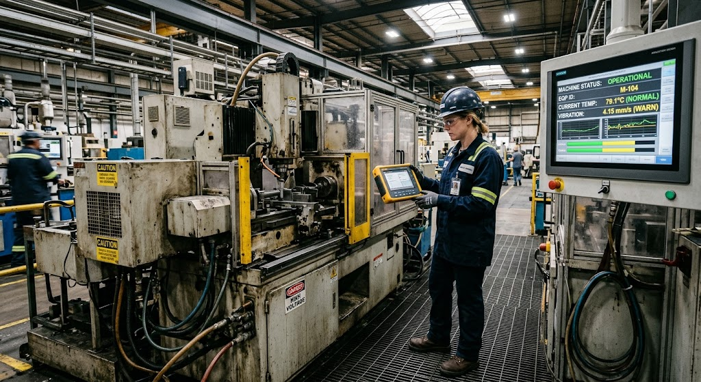Predictive Analytics and Data Mining: How Organizations Forecast Trends and Make Better Decisions 4 Industrial engineer monitoring machine sensor data for predictive equipment maintenance