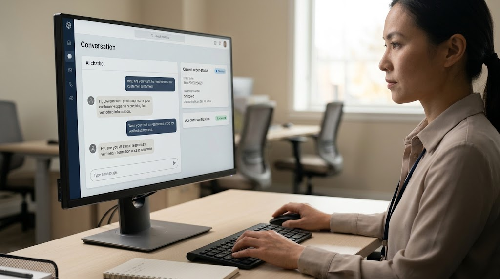 Customer-support specialist verifies order information before an AI chatbot provides a response.
