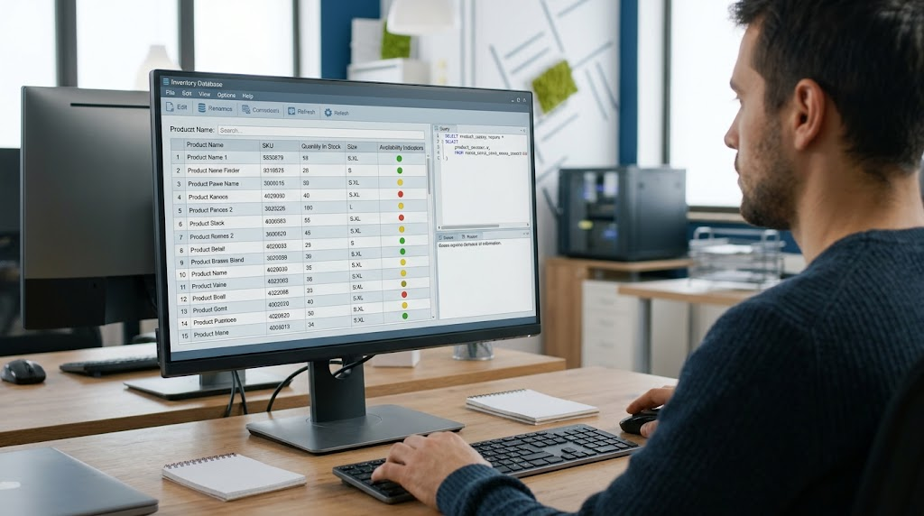 Software developer reviewing database records and queries used to retrieve chatbot information.