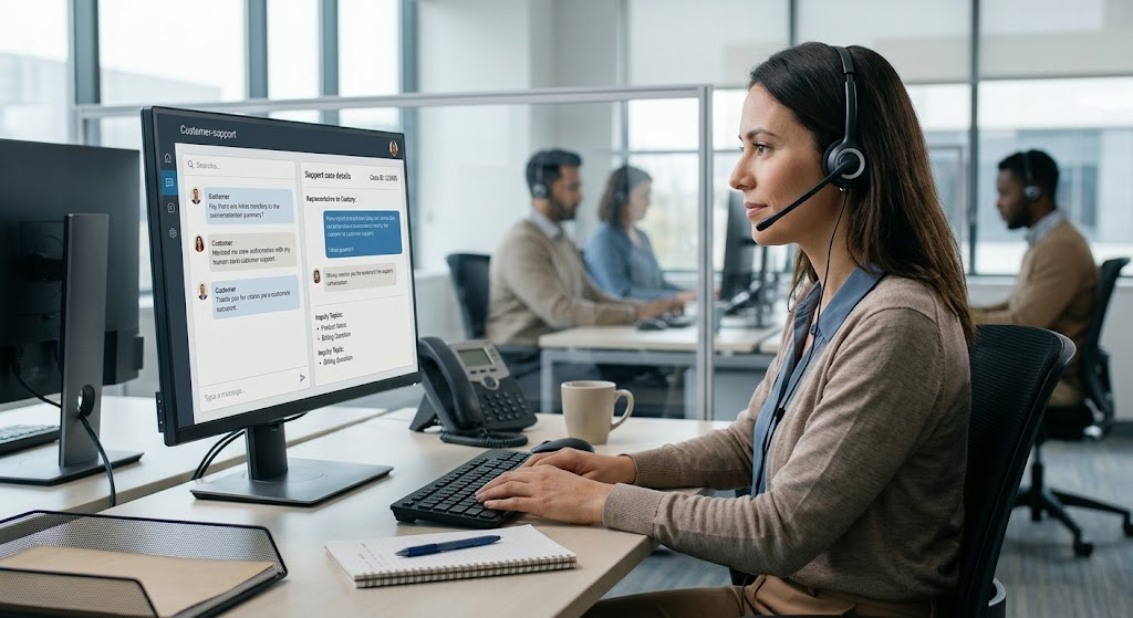 How Businesses Use AI Chatbots for Customer Service and Automation 3 Human customer-service representative using an AI chatbot conversation summary to resolve a customer's support request.