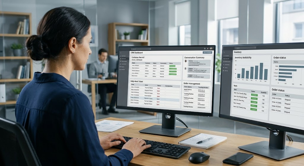 How Businesses Use AI Chatbots for Customer Service and Automation 2 Business specialist reviewing CRM records, support tickets, and inventory data connected to an AI chatbot.