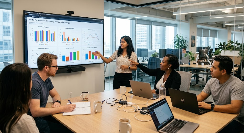 Data Mining Ethics, Data Privacy, and Security: Benefits, Risks, and Best Practices 3 Data science team reviewing algorithmic outcomes across demographic groups to identify potential bias