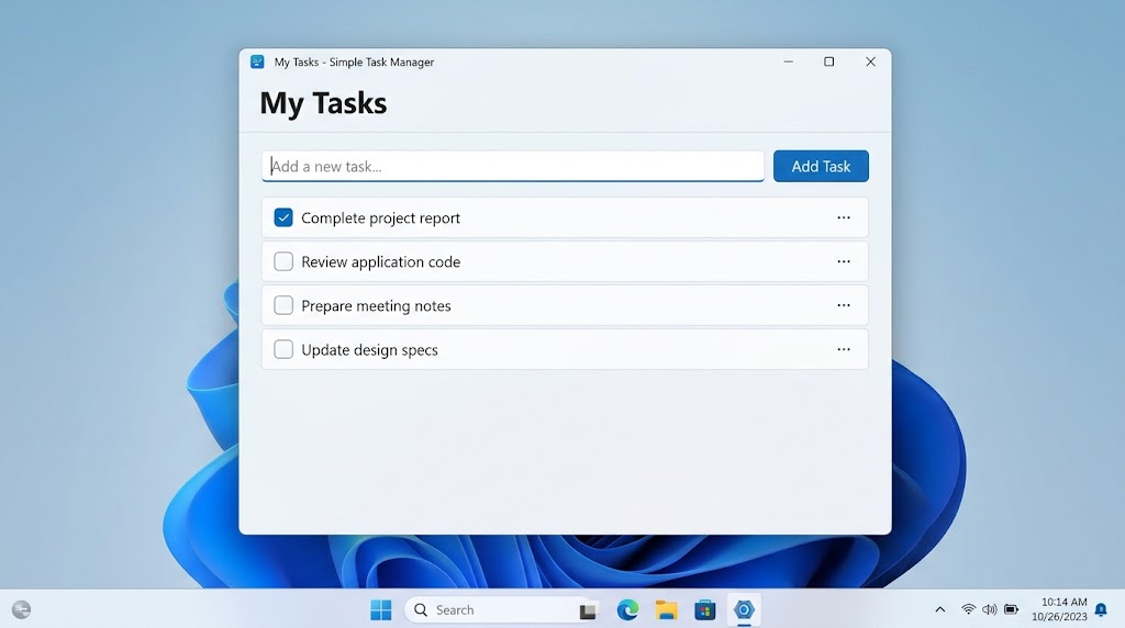 WinUI 3 and Windows App SDK: A Guide to Modern Desktop Development 4 WinUI 3 task manager application displaying a task input field, Add Task button, and list of tasks