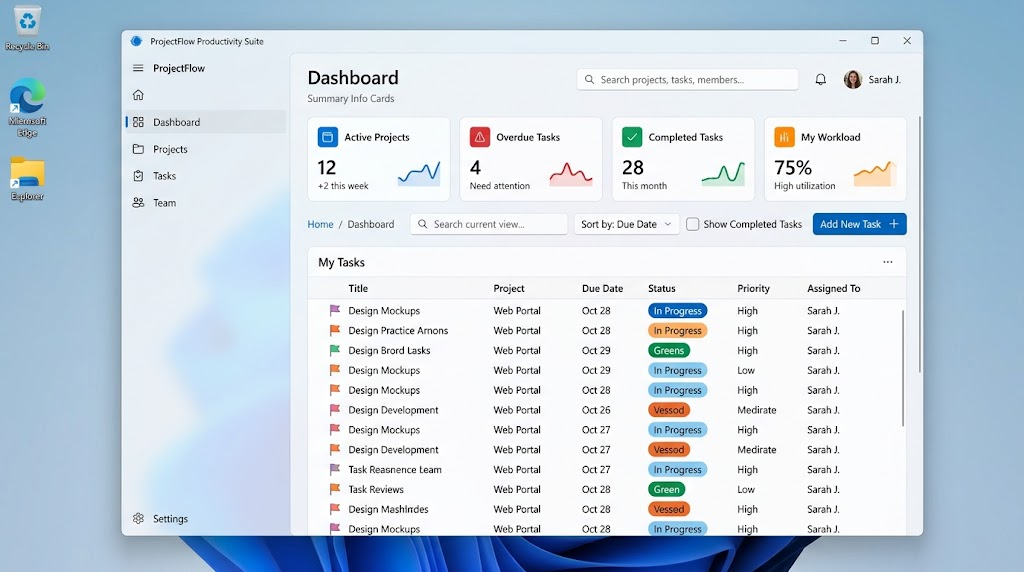WinUI 3 and Windows App SDK: A Guide to Modern Desktop Development 3 Modern WinUI 3 application interface featuring navigation, buttons, text fields, dropdowns, and list controls.