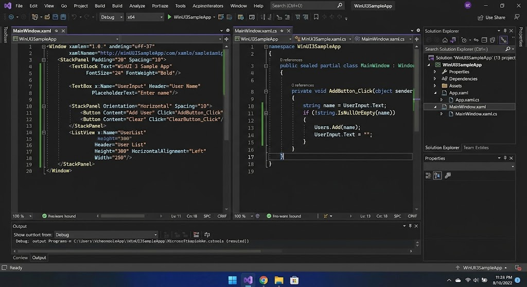 WinUI 3 and Windows App SDK: A Guide to Modern Desktop Development 2 Visual Studio displaying a WinUI 3 project with XAML interface markup and C# application code.