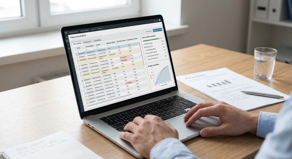AI developer checking training data quality to improve the accuracy of machine-learning predictions.