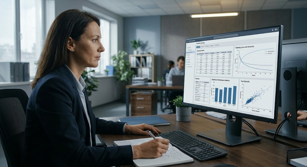 Data scientist evaluating machine-learning training, validation, and test results on a computer monitor.