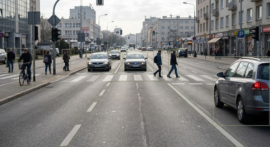 How Computer Vision Works: How AI Understands Images and Video 3 Computer vision object detection identifying cars, pedestrians, and bicycles on a city street.