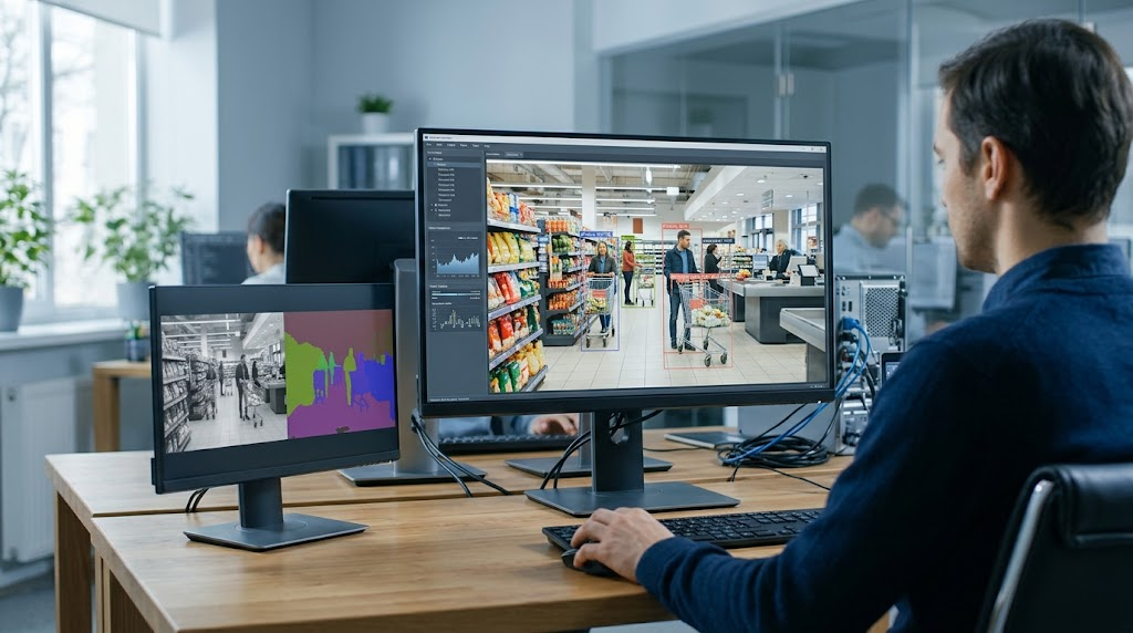 How Computer Vision Works: How AI Understands Images and Video 2 Computer vision in AI identifying shoppers, shopping carts, and products on a computer monitor.