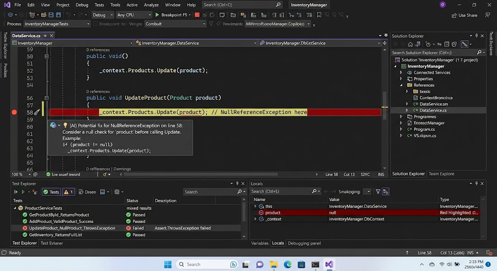 How to Use AI Coding Assistants for Windows Application Development 4 Developer using AI-assisted debugging and unit testing in Visual Studio to identify and resolve errors in a C# Windows application.