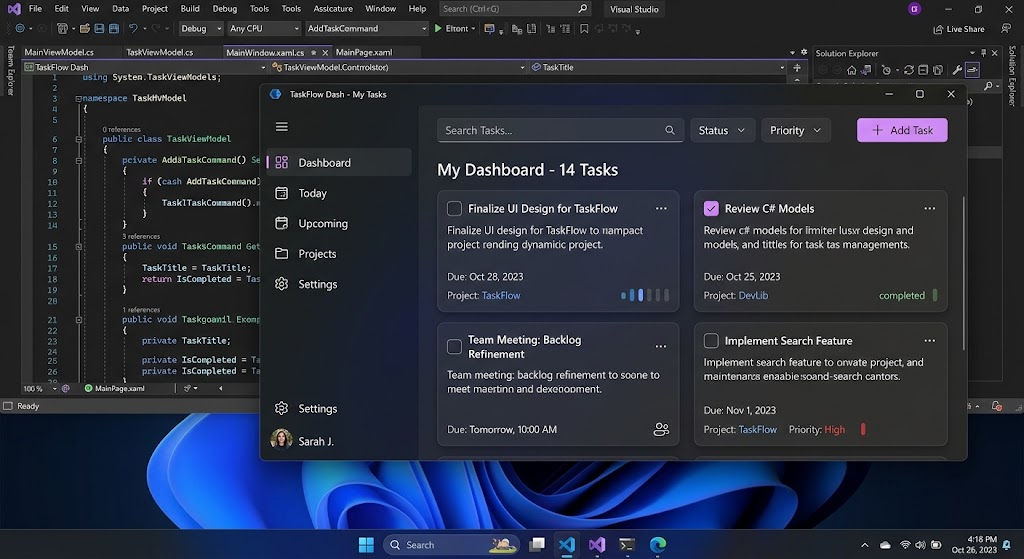 How to Use AI Coding Assistants for Windows Application Development 3 Windows task management application developed with C# and WinUI 3, showing task cards, navigation controls, and completion checkboxes.