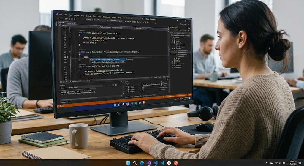 How to Use AI Coding Assistants for Windows Application Development 2 Software developer using an AI coding assistant in Visual Studio to generate C# code for a Windows application.