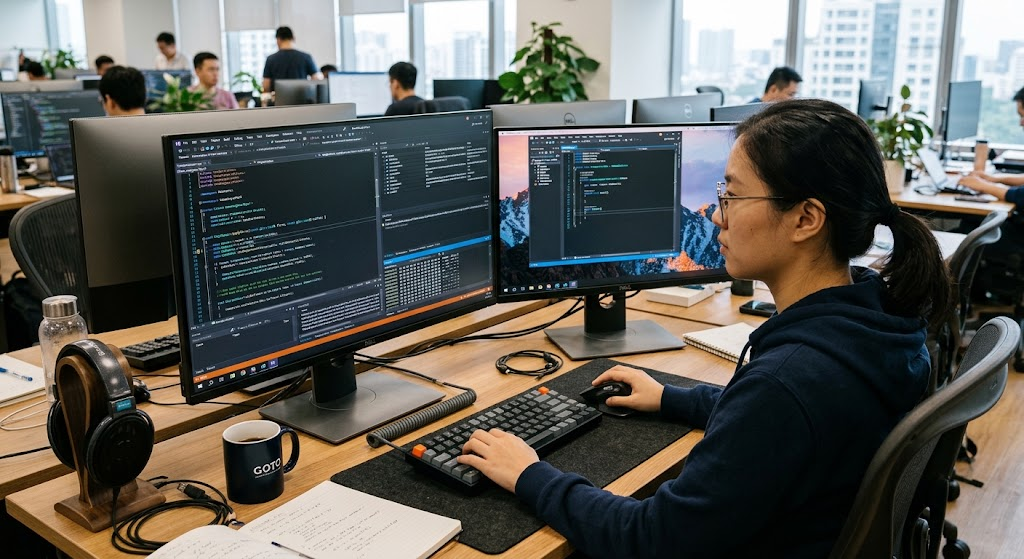 C# vs. C++ for Windows Programming: Key Differences and Best Uses 2 Developer comparing C# garbage collection with C++ memory management in a Windows programming environment