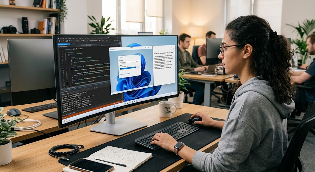 Building AI-Powered Windows Applications with Local AI Models 2 Software developer integrating a local AI model into a Windows desktop application.