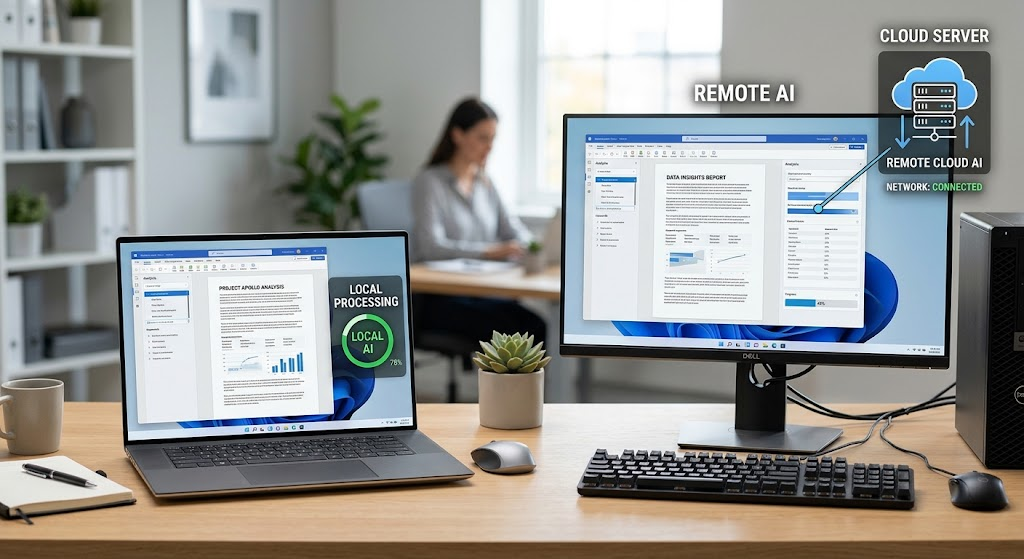 Building AI-Powered Windows Applications with Local AI Models 3 Comparison of local AI processing on a Windows computer and cloud-based AI processing through remote servers.