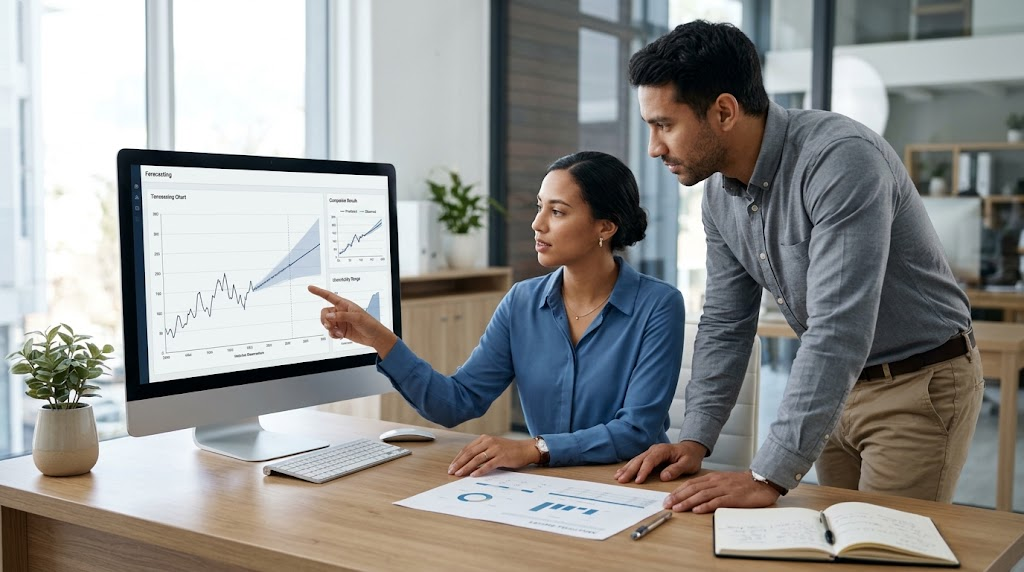 Business professionals reviewing AI predictions and checking forecast accuracy before making decisions.