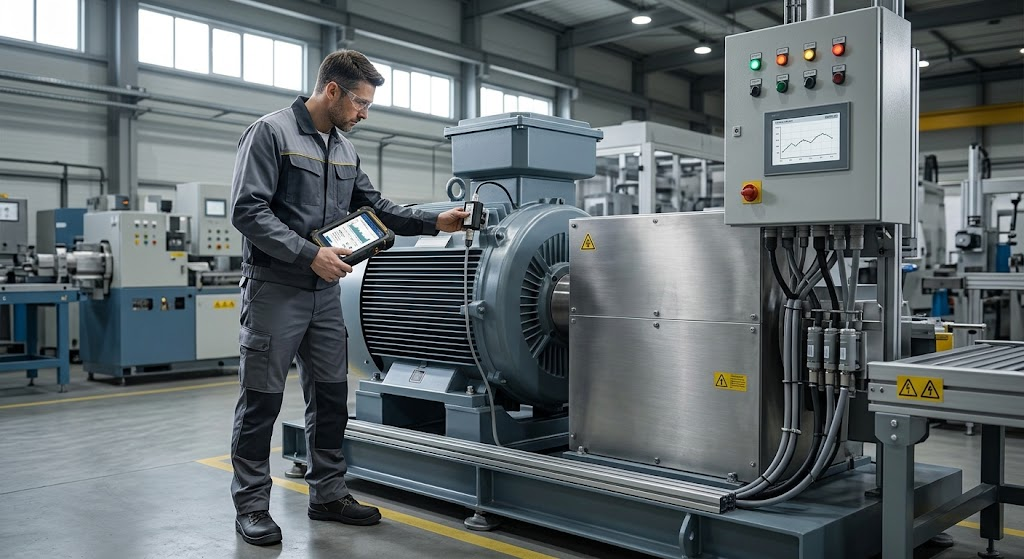 Engineer using AI predictive maintenance to assess industrial sensor readings and equipment performance.