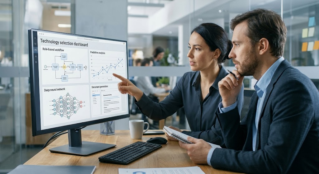 Business professionals comparing AI technologies to select the right solution for their needs.