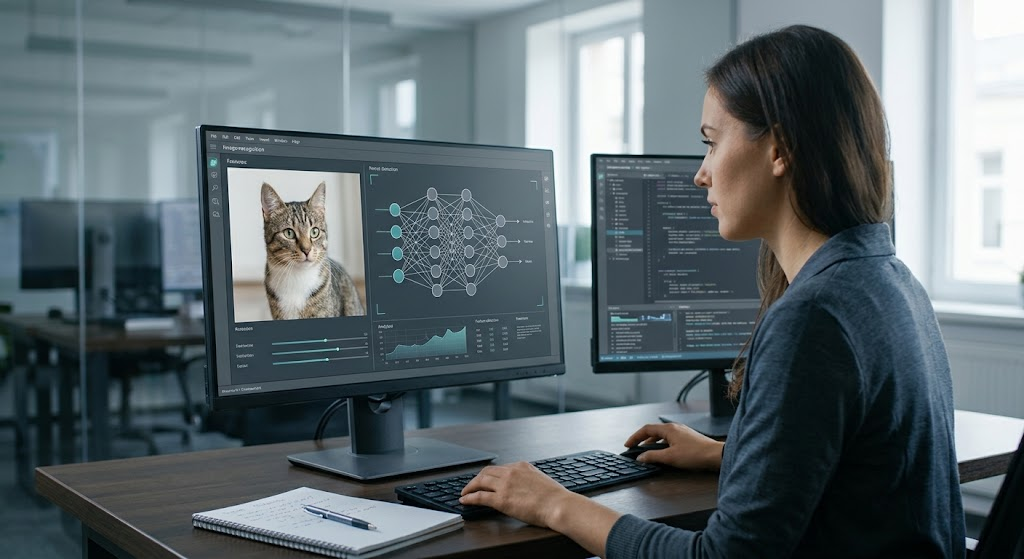 Machine learning engineer examining a deep learning neural network used for cat image recognition.