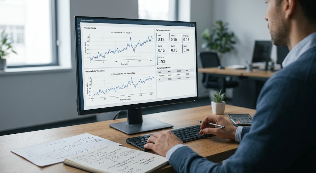 How Machine Learning Works: A Beginner’s Guide to AI Training and Predictions 3 Data scientist evaluating machine-learning predictions against actual results using charts and validation data.