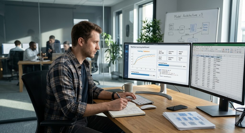 How Machine Learning Works: A Beginner’s Guide to AI Training and Predictions 2 Machine-learning engineer preparing training data and evaluating an AI model on computer monitors.