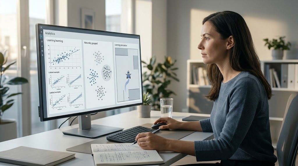 Data scientist evaluating machine learning approaches using prediction graphs, clustered data, and a robot simulation.