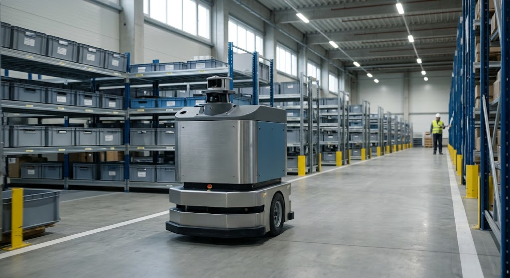 Autonomous warehouse robot navigating an aisle as an example of reinforcement learning.