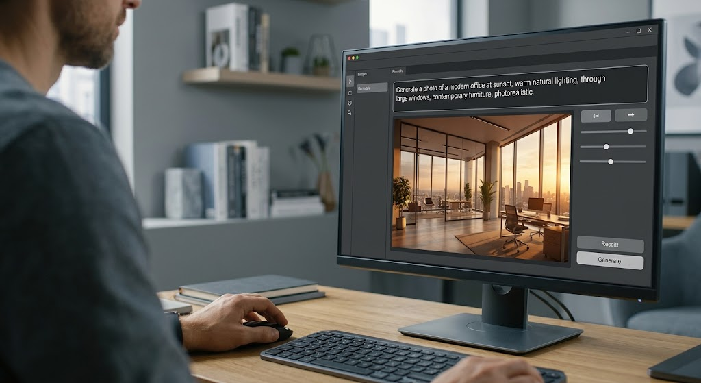How Generative AI Uses Machine Learning to Create Text, Images, and Videos 2 Designer using a text prompt and diffusion model to generate a realistic office image.
