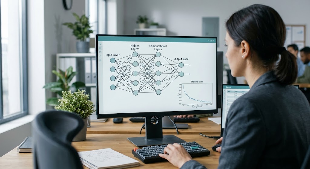 
Data scientist examining neural network layers and a training-loss graph on a computer monitor.