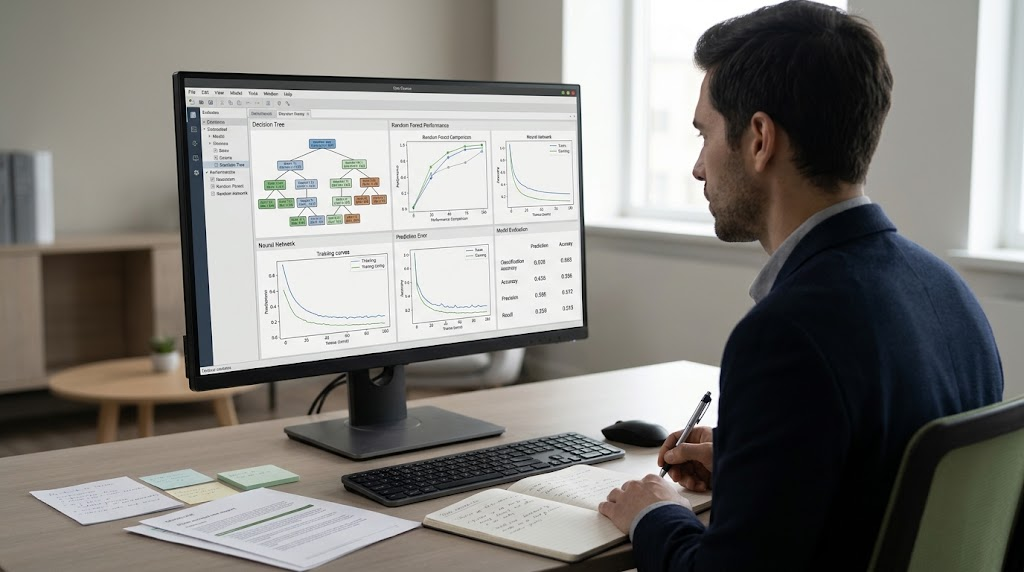 
Data analyst comparing machine learning models and prediction accuracy to select the right algorithm.