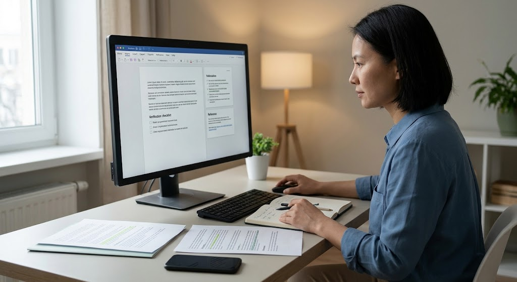 Professional checking AI-generated information against notes and reference documents.