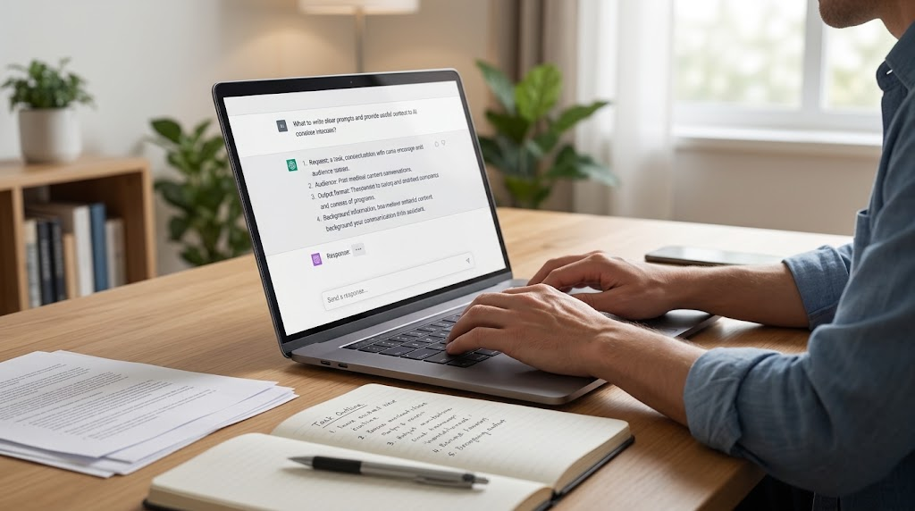 User writing a clear prompt and providing context to an AI assistant on a laptop.