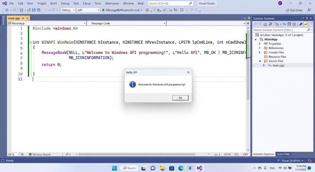 Windows API Programming: How to Build Applications That Interact with Windows 3 C++ Windows API example using MessageBoxW to display a message box in a native Windows application.