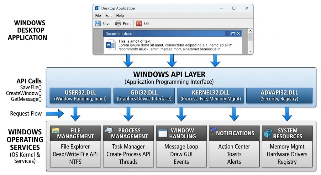 Windows API Programming: How to Build Applications That Interact with Windows 2 Diagram showing how Windows applications use the Windows API to access files, processes, windows, notifications, and system resources.