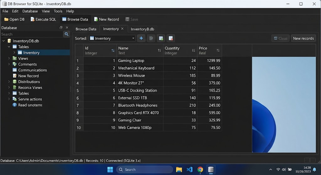 How to Build a Windows Desktop Application with a Database 2 C# Windows Forms inventory manager displaying product entry fields, action buttons, and an inventory table.