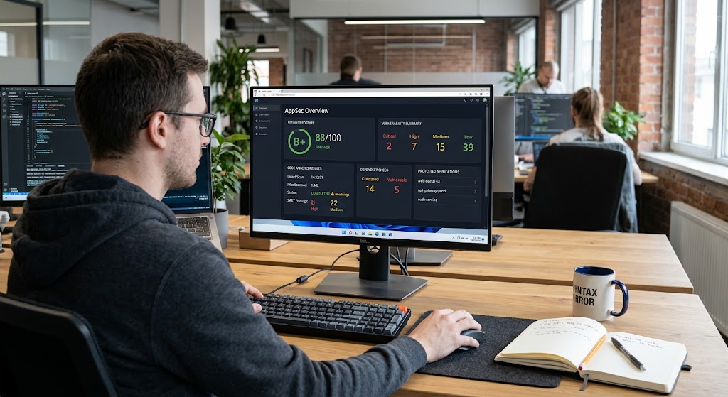 Windows application security dashboard displaying vulnerability reports and security analysis results.