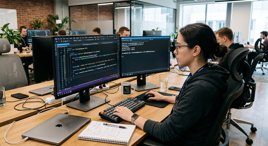 Software developer reviewing C# code and input validation logic to prevent Windows application vulnerabilities.