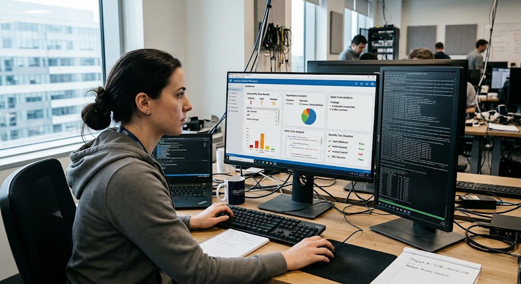 Security engineer testing a Windows application for software vulnerabilities and outdated dependencies.