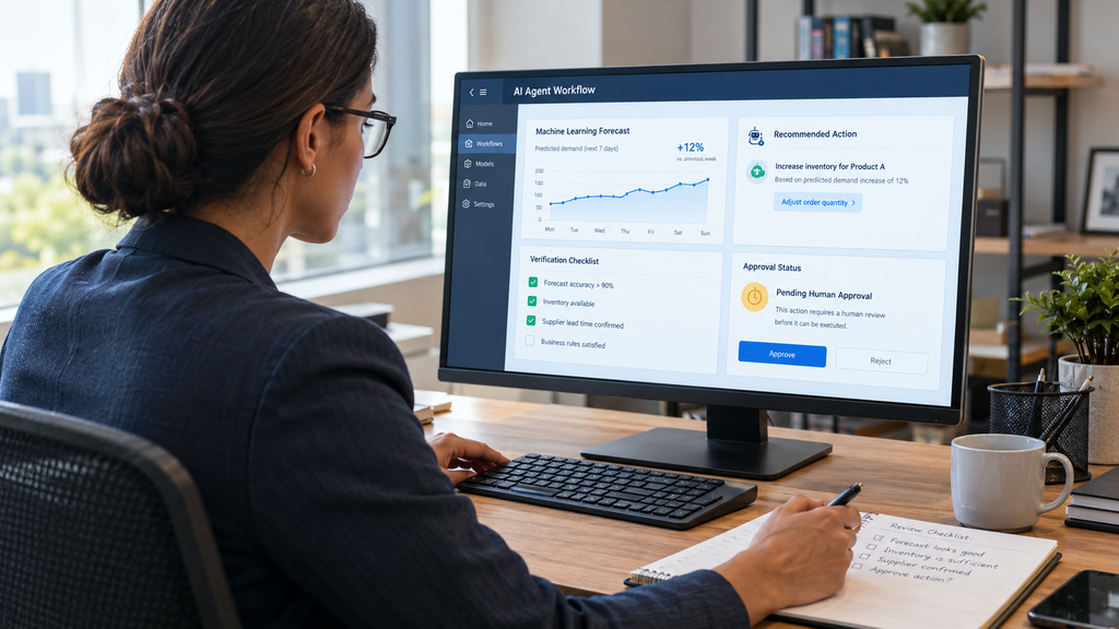 Business analyst verifying an AI agent's machine learning recommendation before approving an automated task.