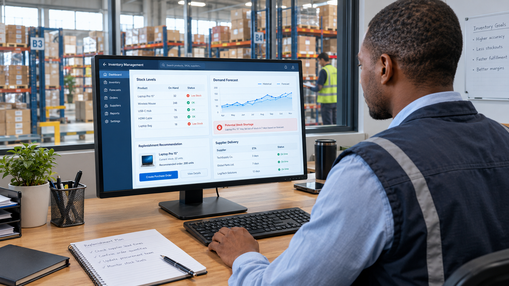 Inventory manager reviewing machine learning forecasts and AI agent replenishment recommendations on a business dashboard.