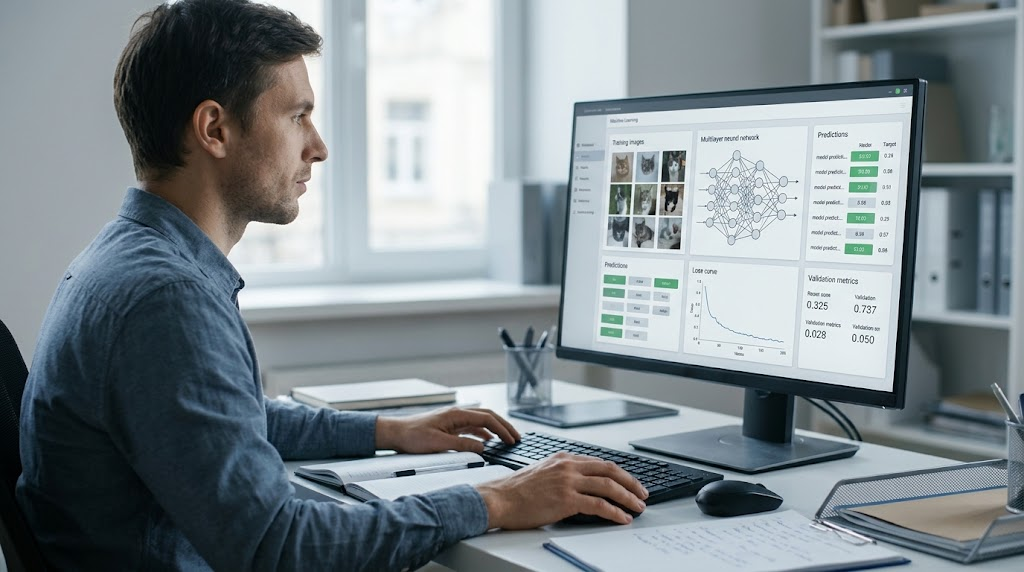 Data scientist evaluating deep learning training results and neural network performance on a computer monitor.